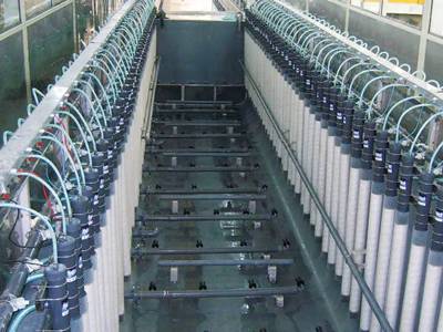 There are two rows of tubular anode cells in the E-coating paint plant.