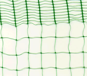 A piece of green extruded bird netting on the white background with a reinforced edge.