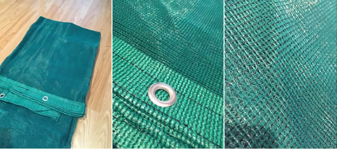 Dark green HDPE skip net with fine wire fabricated has reinforced edges and eyelets on all edges.